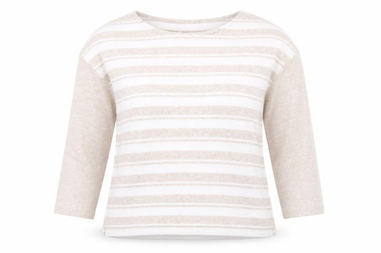 Front view of Nutmeg women’s beige striped polyester basic blouse, size UK 12, scoop neck