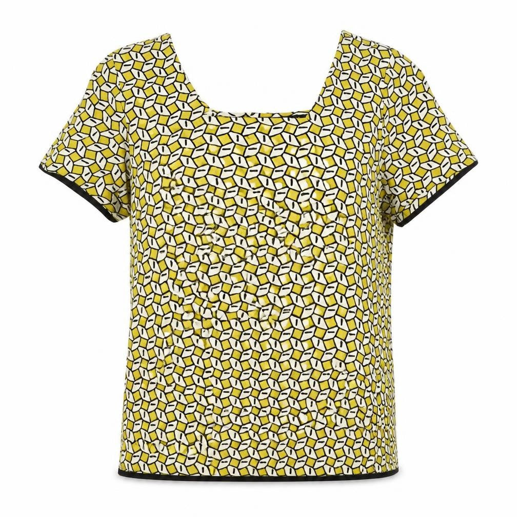 Front view of Zara women’s yellow geometric polyester basic t-shirt, size M, sweetheart