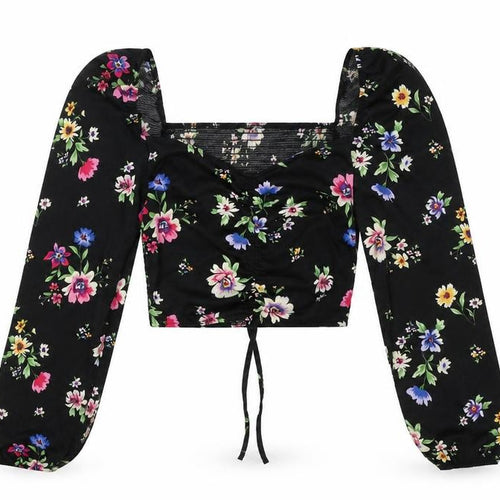 Preworn Womens Black Floral Polyester Cropped Blouse Size M Sweetheart - Front Ruched