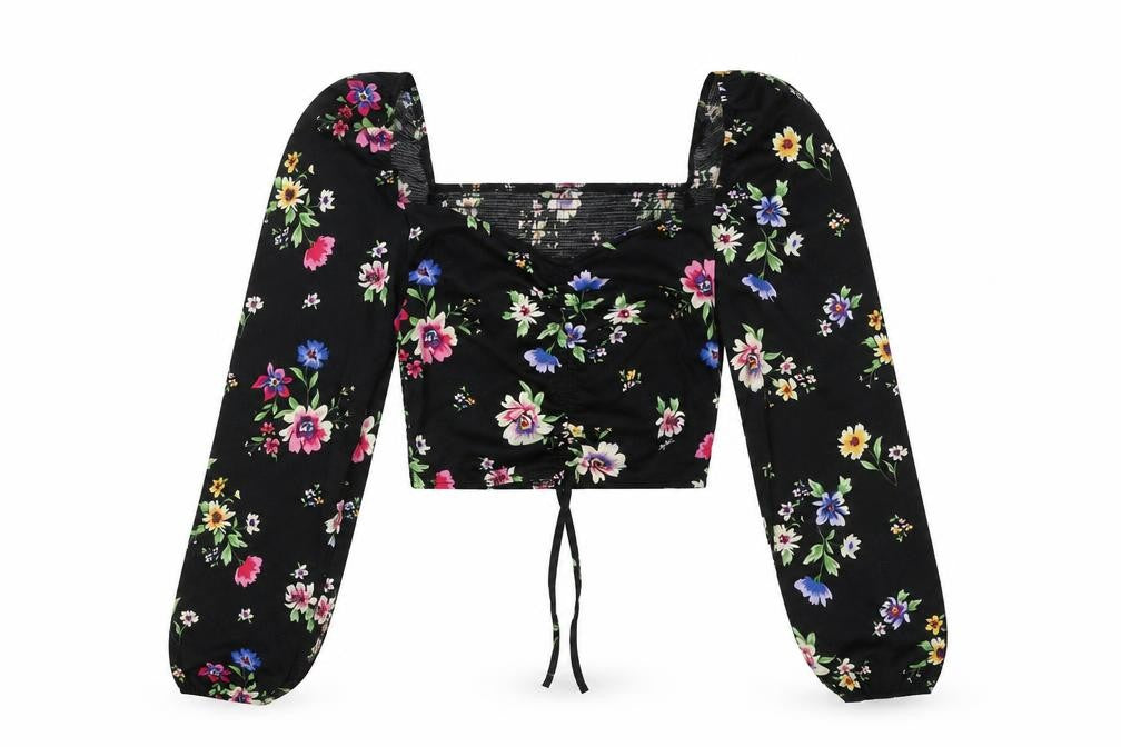 Preworn Womens Black Floral Polyester Cropped Blouse Size M Sweetheart - Front Ruched