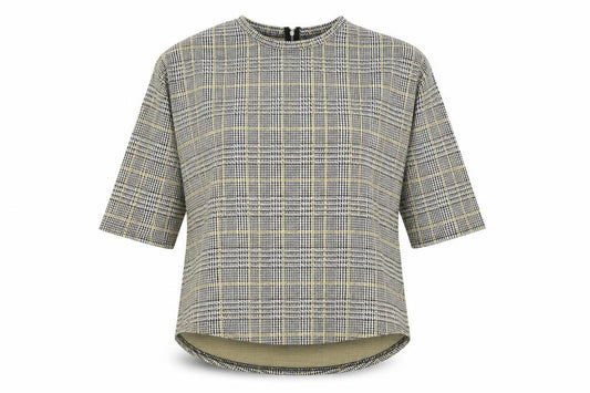 Front view of Primark women’s yellow plaid polyester basic blouse, size S, round neck