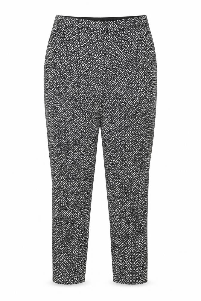 Front view of Oasis women’s black geometric cotton trousers, size UK 10, regular zip