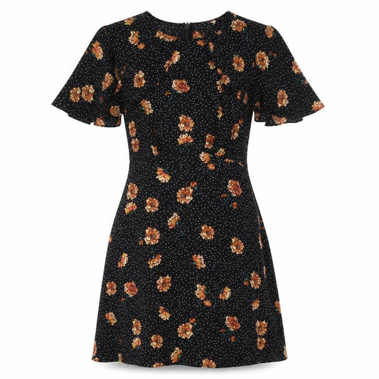 Front view of Pins & Needles women’s black floral polyester fit & flare, size M, round neck zip - cold shoulder