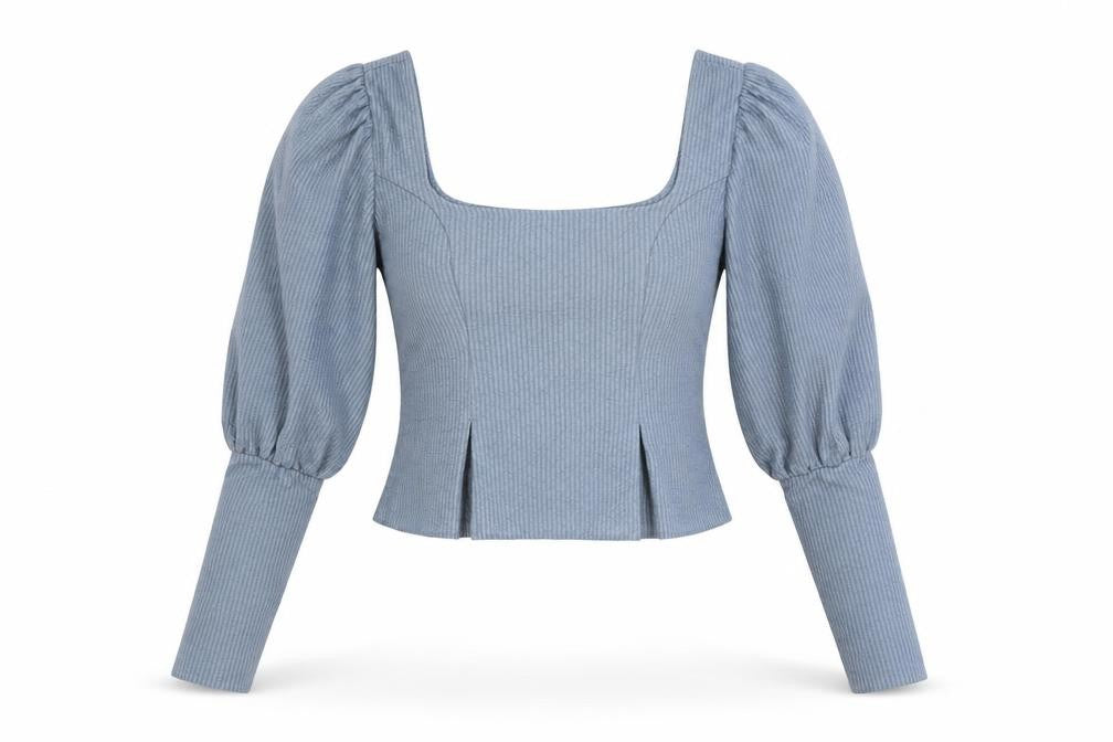 Front view of ASOS women’s blue striped polyester cropped blouse, size UK 6, square neck
