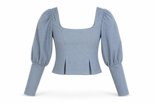 Front view of ASOS women’s blue striped polyester cropped blouse, size UK 6, square neck