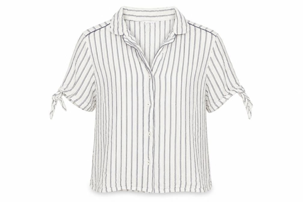 Front view of Love To Lounge women’s white striped viscose basic button-up, size XS, collared