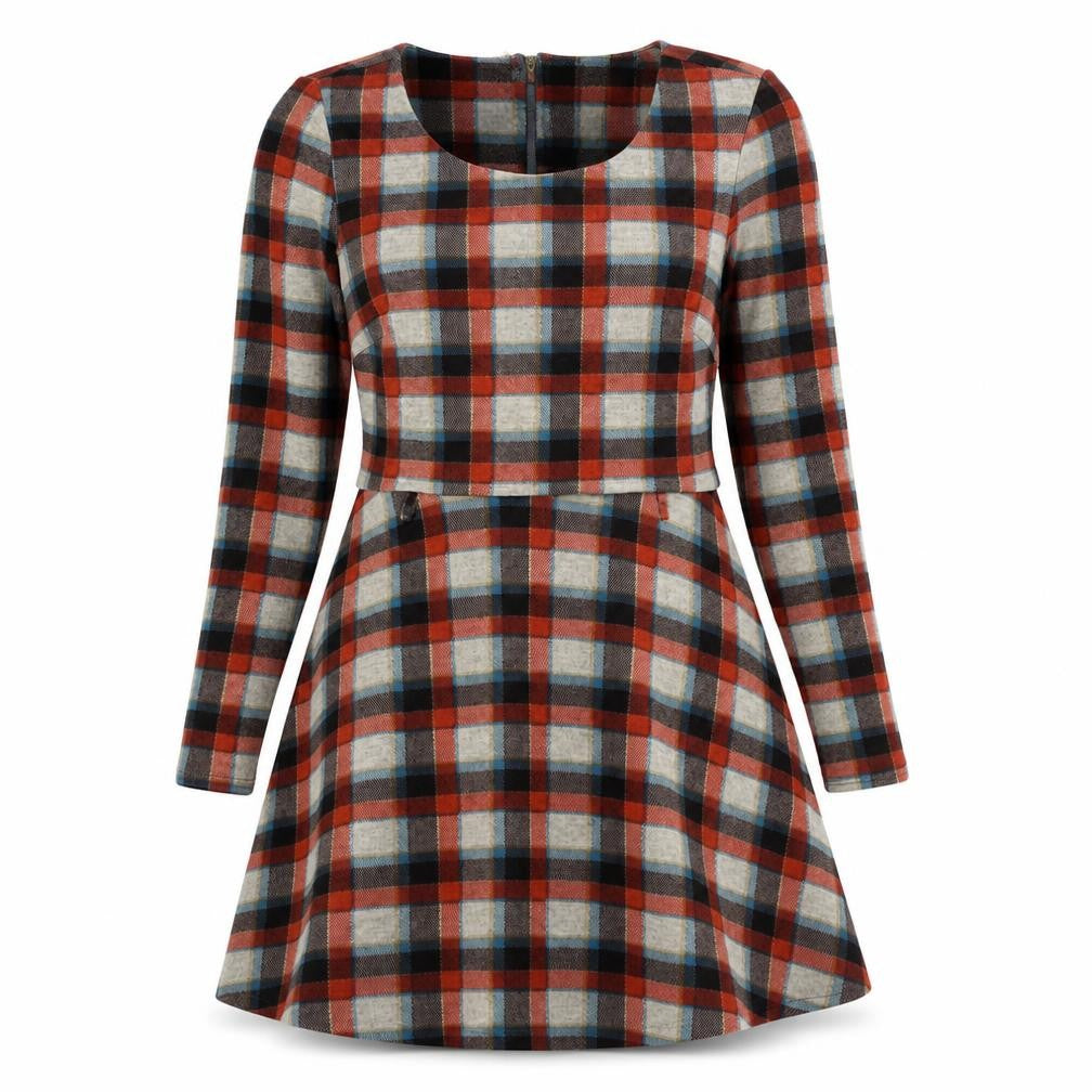 Yumi Womens Red Plaid Polyester Fit & Flare Size 12 Round Neck Zip