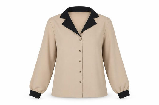 Front view of SHEIN women’s beige polyester basic button-up, size S, collared