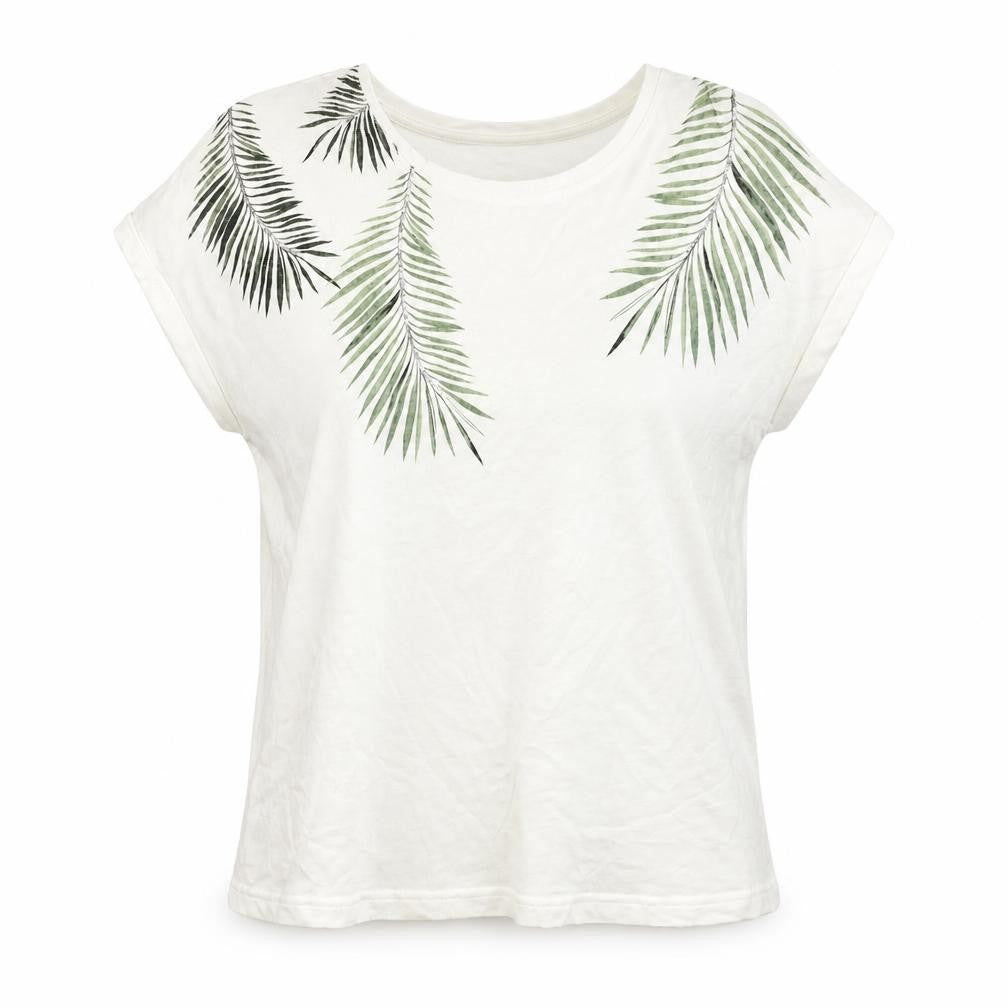 Front view of b.young women’s white cotton basic t-shirt, size M, scoop neck - leaf print