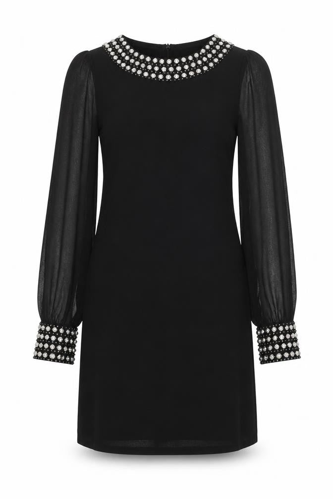 Front view of women’s black polyester a-line, size UK 8, round neck zip