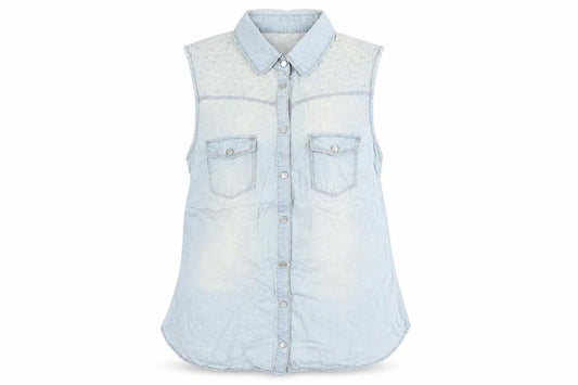 Front view of DP women’s blue cotton basic button-up, size UK 10, collared - pearl detail