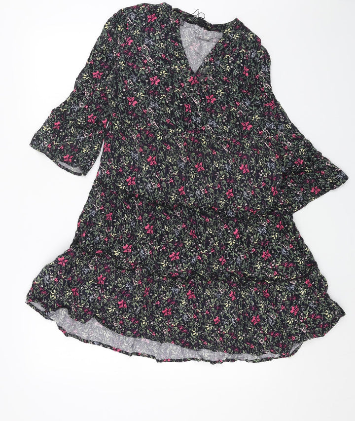 VERO MODA Womens Black Floral Viscose A-Line Size M V-Neck Pullover