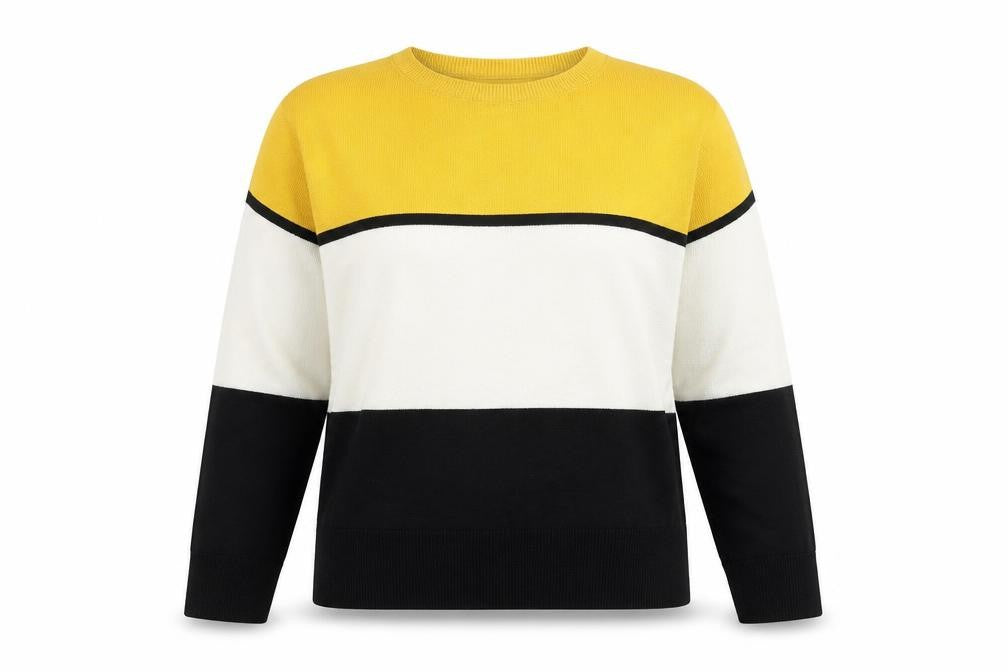 Front view of New Look women’s black round neck acrylic jumper, size S, - colourblock pattern