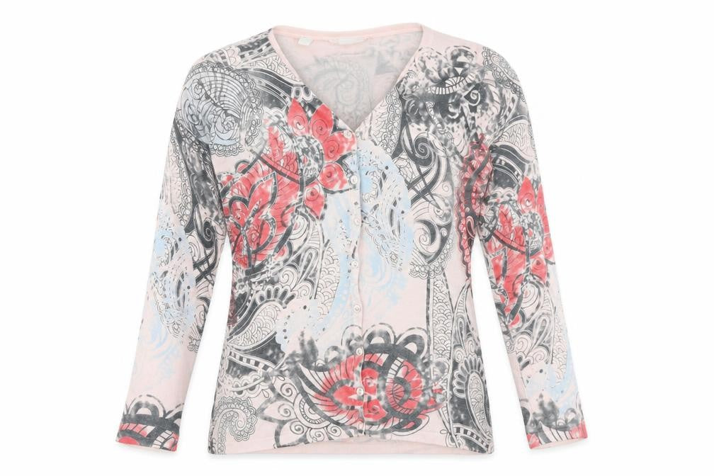 Front view of H&M women’s pink v-neck geometric viscose jumper, size M