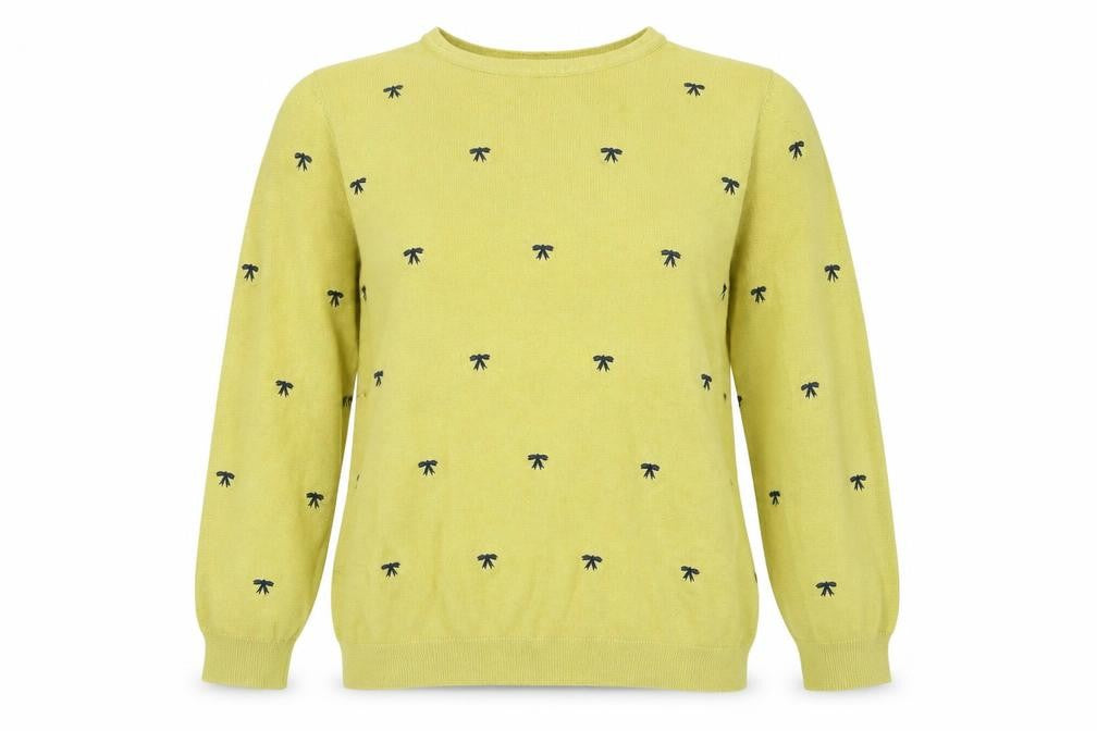 Front view of Text women’s green round neck geometric acrylic jumper, size L, - bow pattern