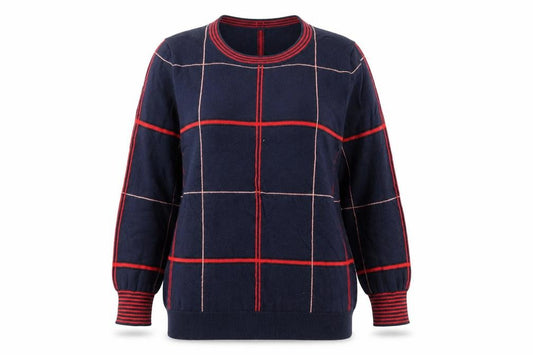 Front view of Next women’s blue round neck striped cotton jumper, size UK 14, pullover