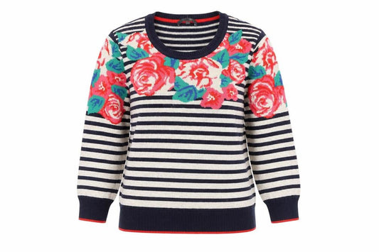 Front view of Marks & Spencer women’s multicoloured crew neck geometric cotton jumper, size UK 10, pullover