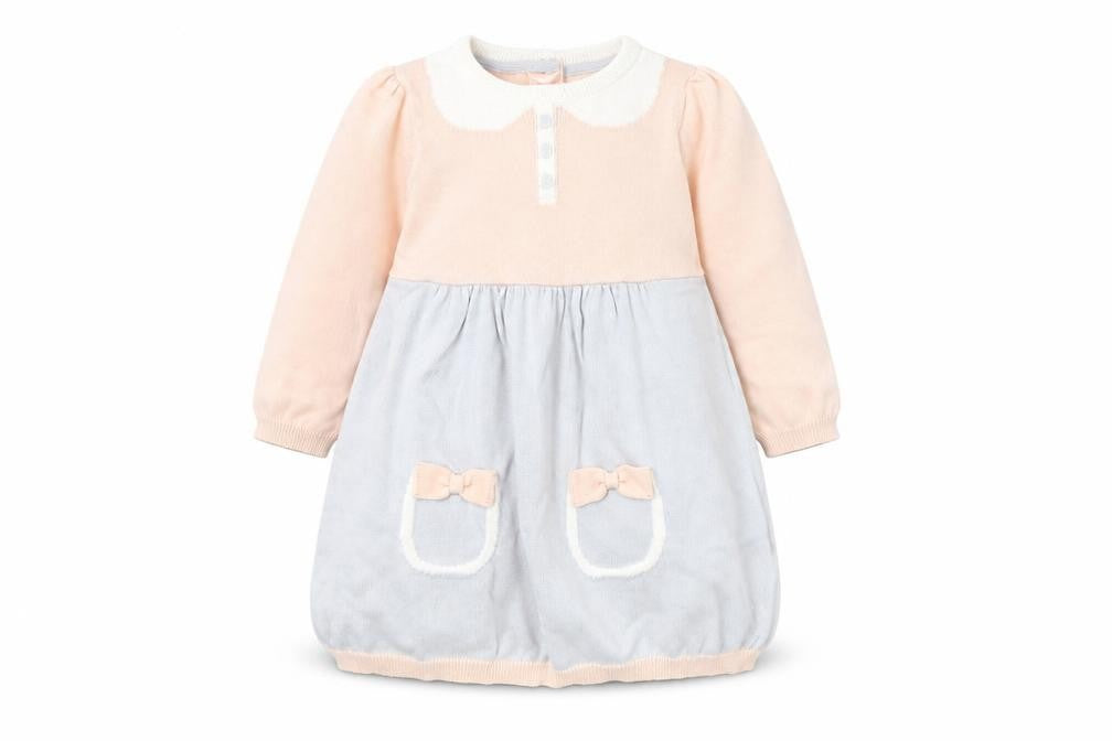 Marks and Spencer Baby Grey Colourblock 100% Cotton Jumper Dress Size 9-12 Months Round Neck Button