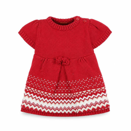 Front view of MINIMODE Baby Red Geometric 100% Cotton Jumper Dress, size 0-3, Months Round Neck Button