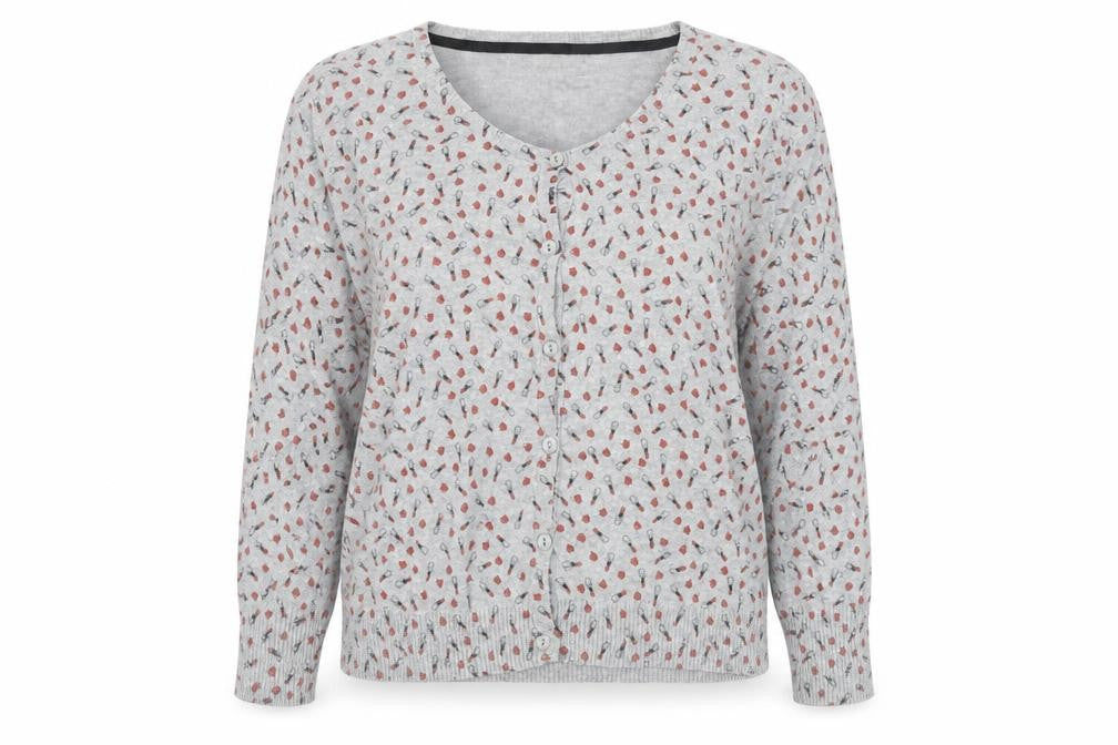 Front view of Springfield women’s grey scoop neck geometric cotton jumper, size UK 12