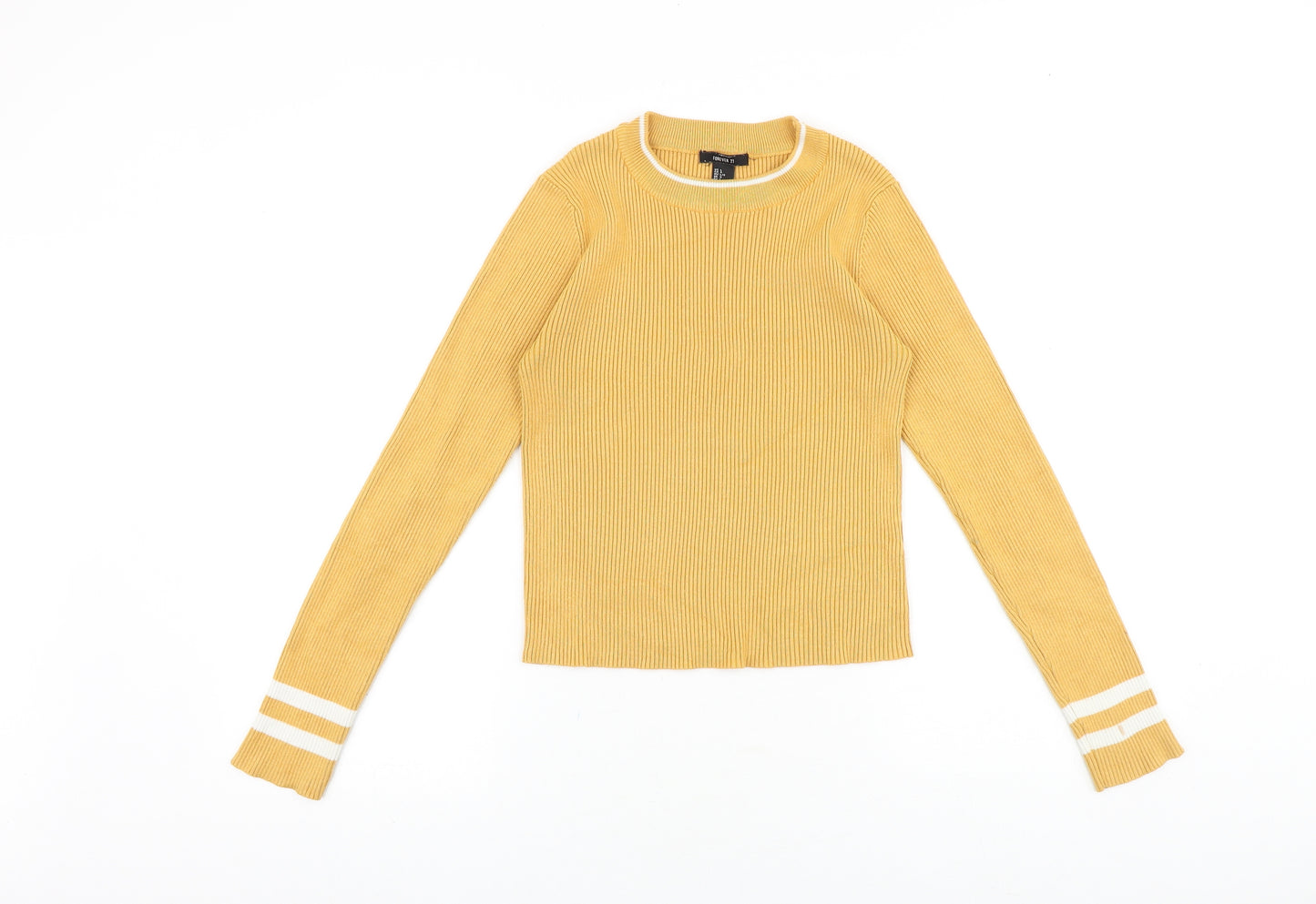 FOREVER 21 Womens Yellow Round Neck Cotton Pullover Jumper Size L Pullover - Ribbed