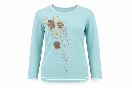 Front view of Eternal women’s green round neck floral viscose jumper, size UK 10, pullover