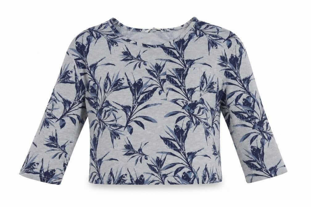 George Womens Grey Floral Polyester Cropped Blouse Size 10 Boat Neck