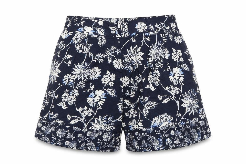 Front view of H&M women’s blue floral viscose bermuda shorts, size UK 4, 15-inch leg regular pull on