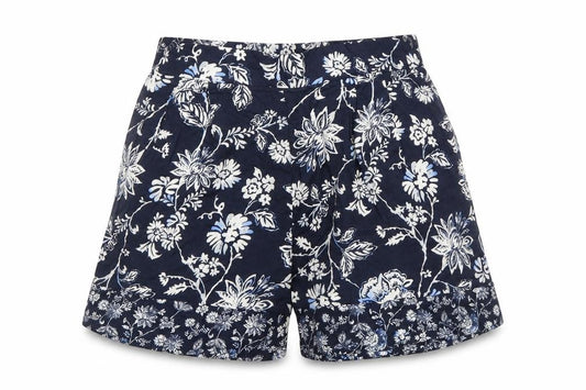Front view of H&M women’s blue floral viscose bermuda shorts, size UK 4, 15-inch leg regular pull on