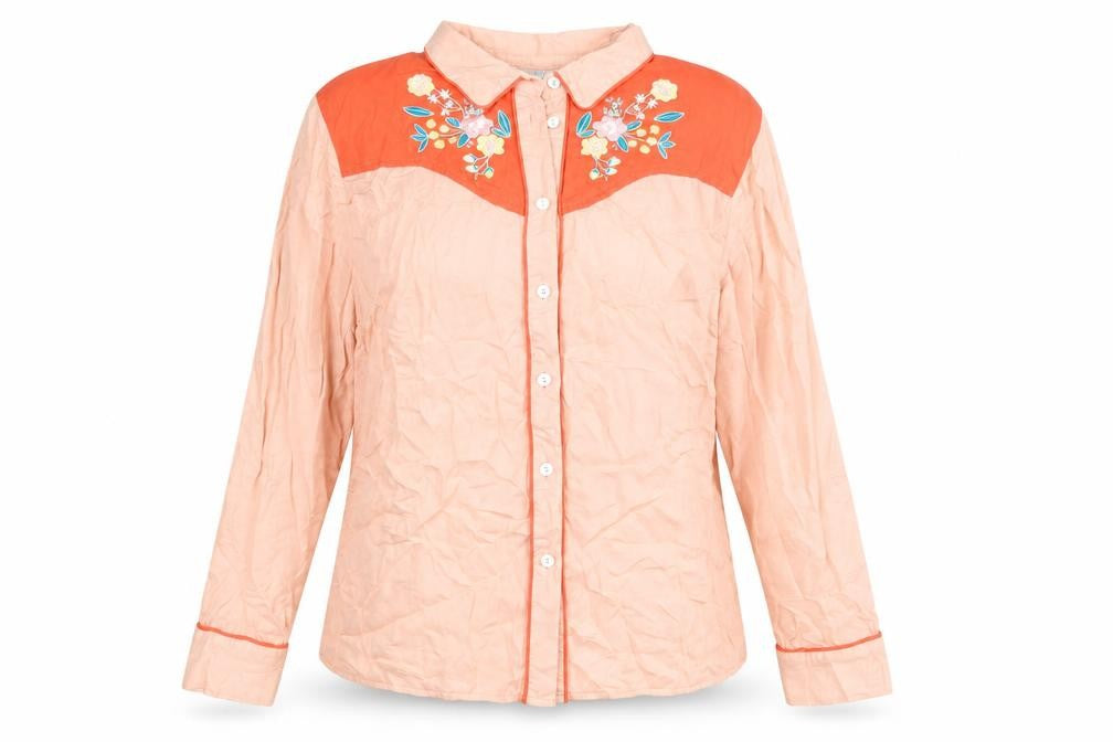 Front view of Amalie & Amber women’s pink viscose basic button-up, size M, collared - flower detail