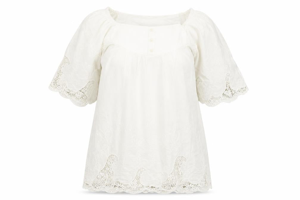 Front view of Boohoo women’s white 100% cotton shift, size UK 10, off the shoulder pullover