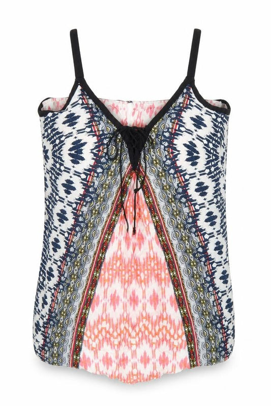 Front view of Warehouse women’s multicoloured geometric viscose basic tank, size UK 12, v-neck