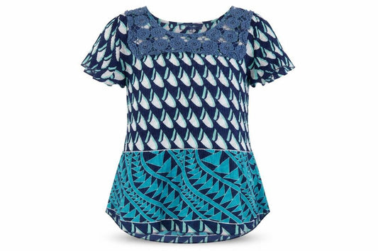 Front view of Autonomy women’s blue geometric polyester basic blouse, size UK 12, round neck