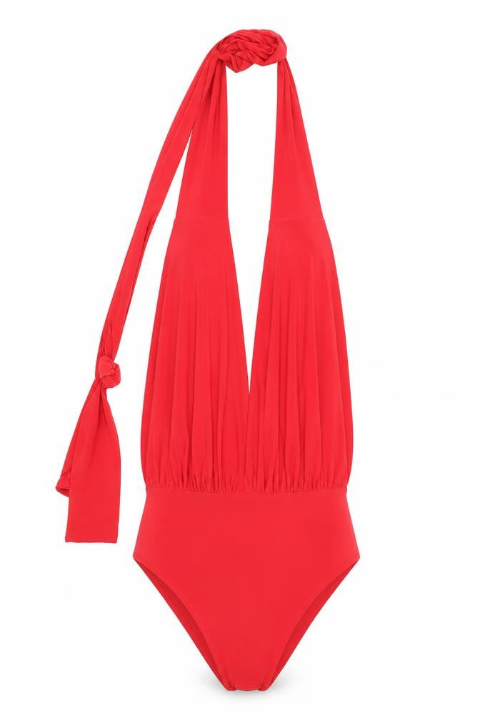 Front view of Goddiva women’s red polyester one piece, size S, tie
