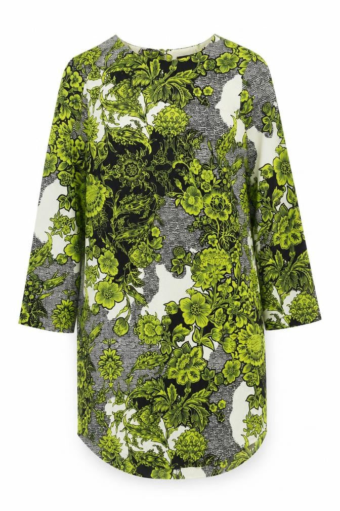 Front view of Topshop women’s green floral viscose shift, size UK 8, round neck button