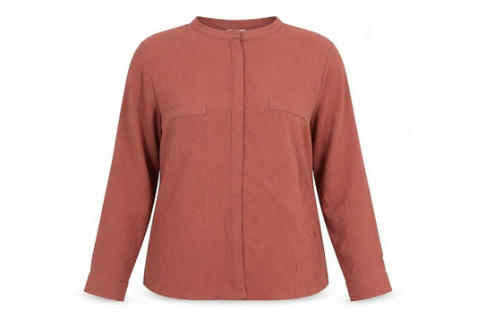 Front view of Jaqueline de Yong women’s red viscose basic button-up, size UK 8, round neck