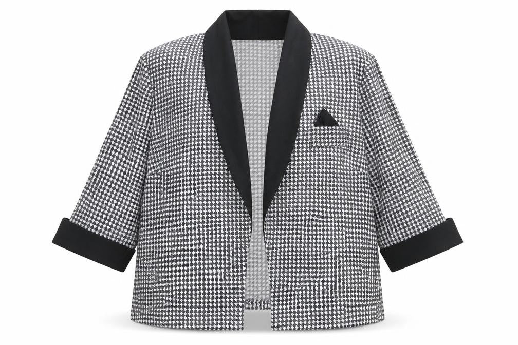 Front view of Justine women’s black houndstooth viscose jacket blazer, size UK 16