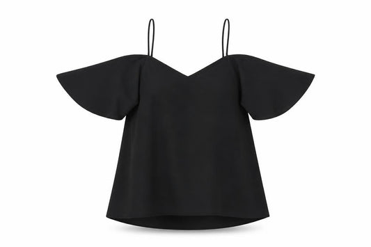 Front view of ASOS women’s black viscose basic blouse, size UK 8, off the shoulder