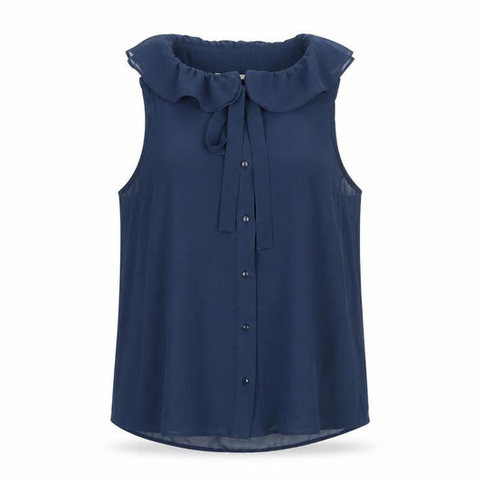 Front view of Pins & Needles women’s blue viscose basic button-up, size S, collared