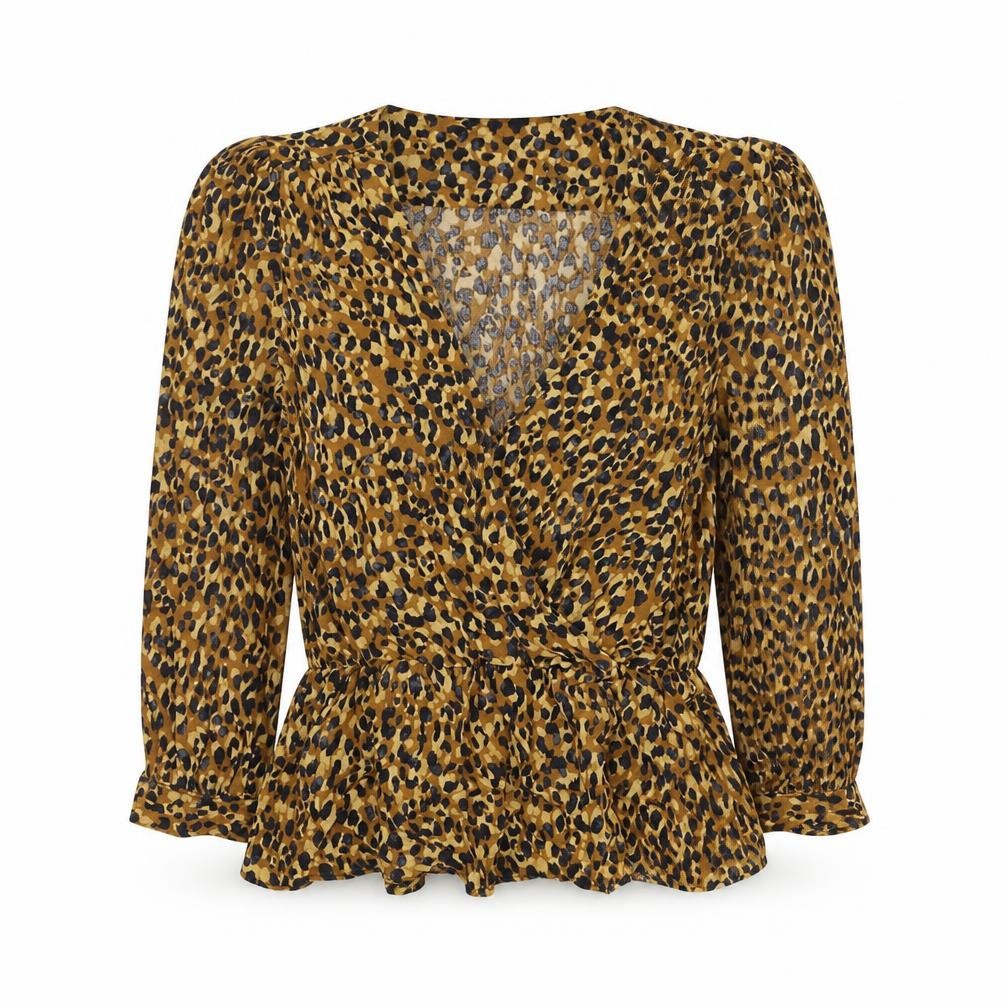 Front view of Zara women’s brown animal print viscose basic blouse, size XS, v-neck - leopard print