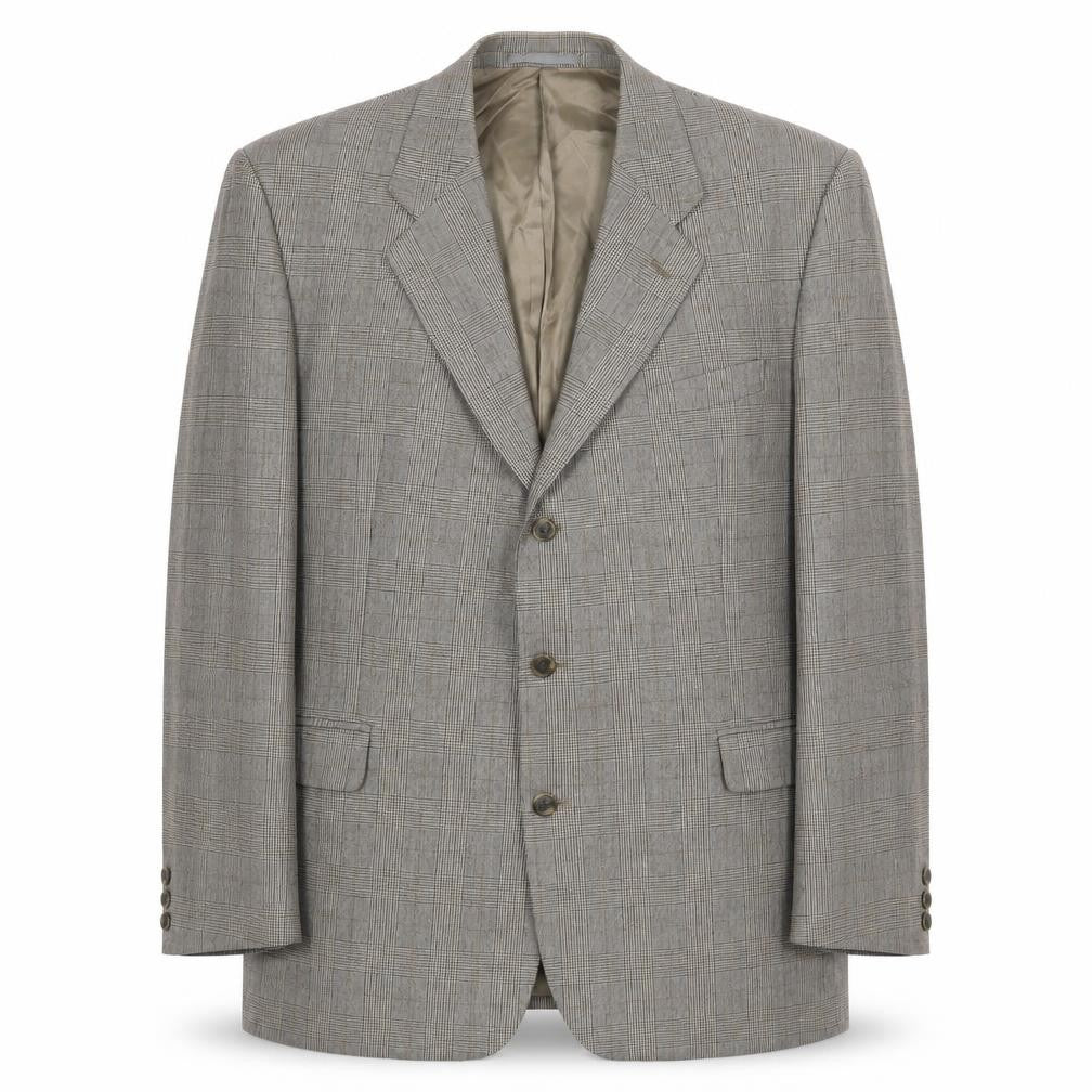Front view of Preworn men’s grey plaid wool jacket suit jacket, size 44, regular