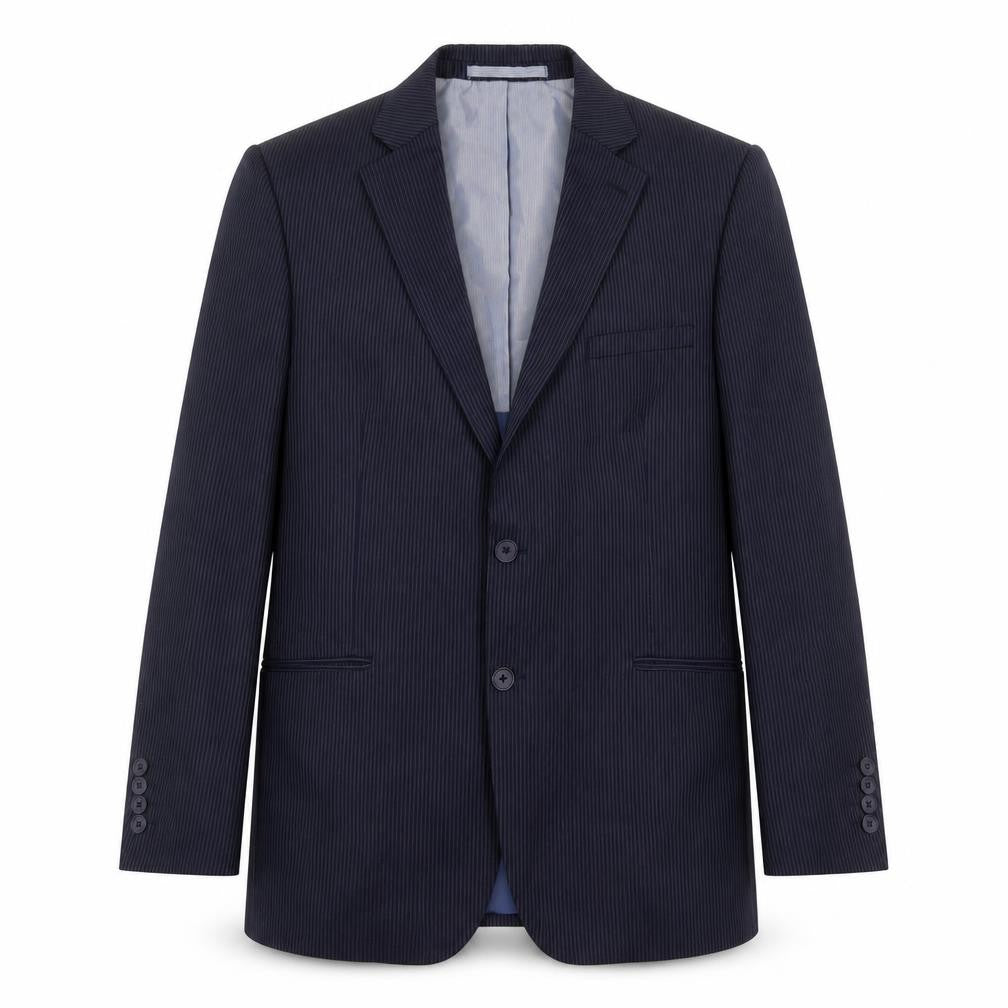 Front view of Marks & Spencer men’s blue striped wool jacket suit jacket, size 42, regular