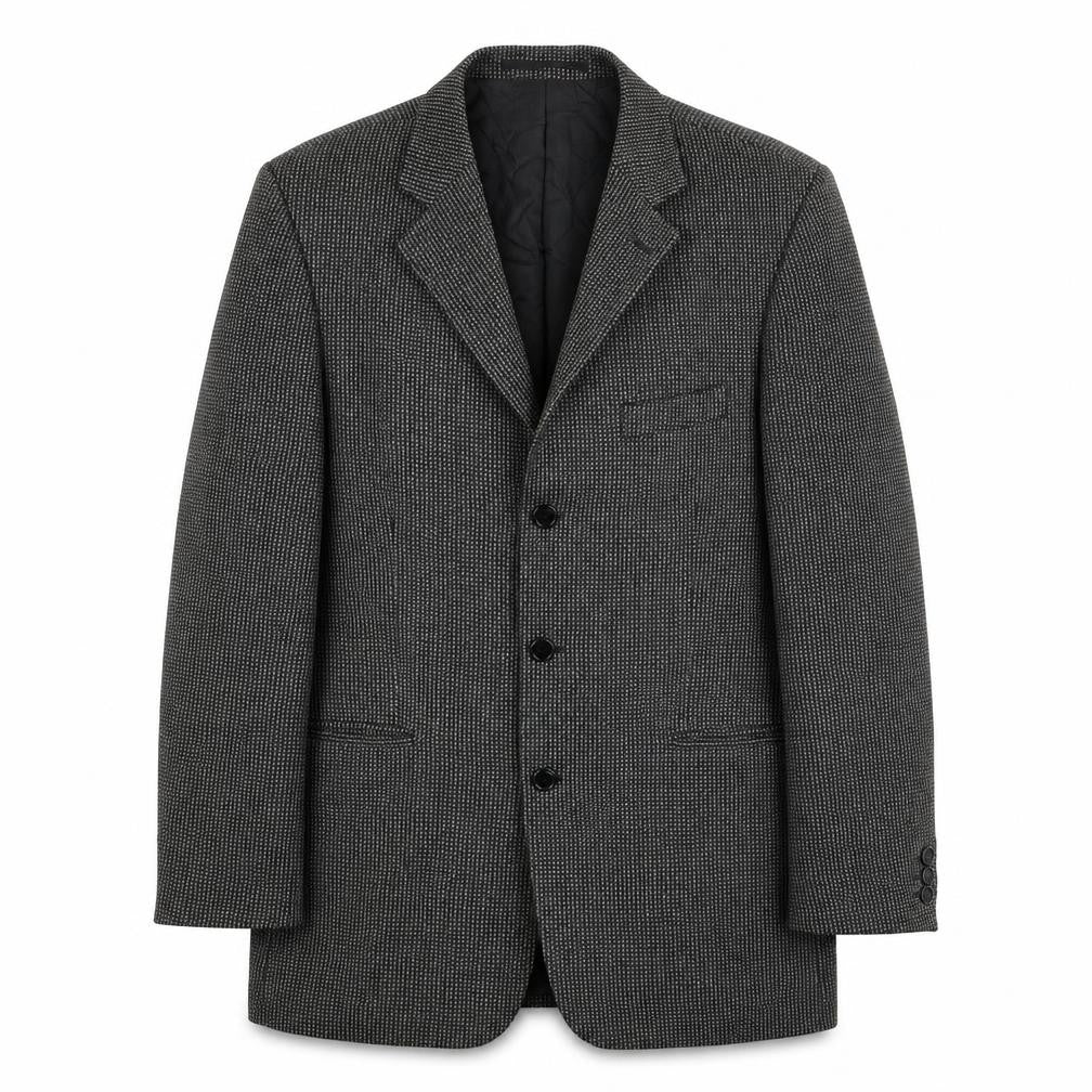 Front view of Preworn men’s grey geometric wool jacket blazer, size 40, regular