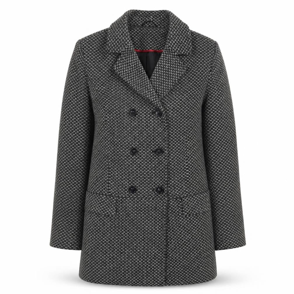 Front view of BHS women’s black geometric pea coat coat, size UK 10, button