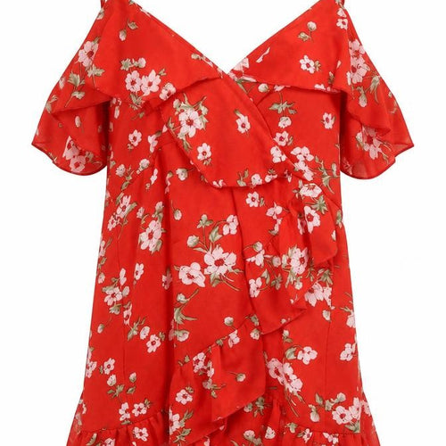 Jumeiyifang Womens Red Floral Polyester Tunic Blouse Size M V-Neck - Cold Shoulder
