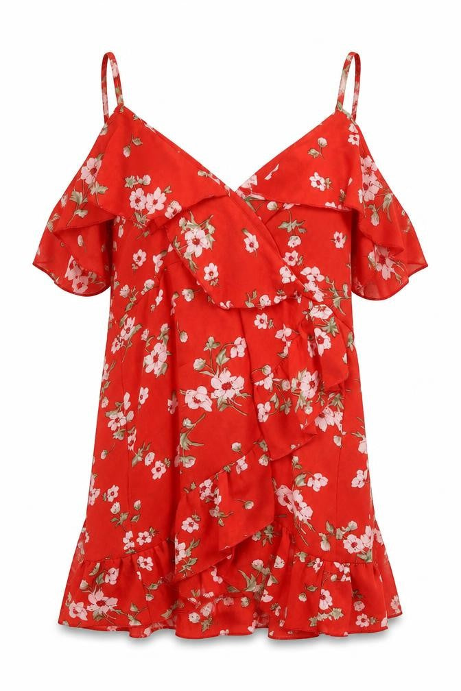 Jumeiyifang Womens Red Floral Polyester Tunic Blouse Size M V-Neck - Cold Shoulder