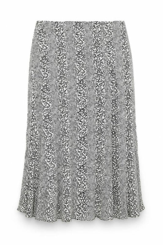 Front view of Miss Selfridge women’s green geometric polyester peasant skirt, size UK 12, zip