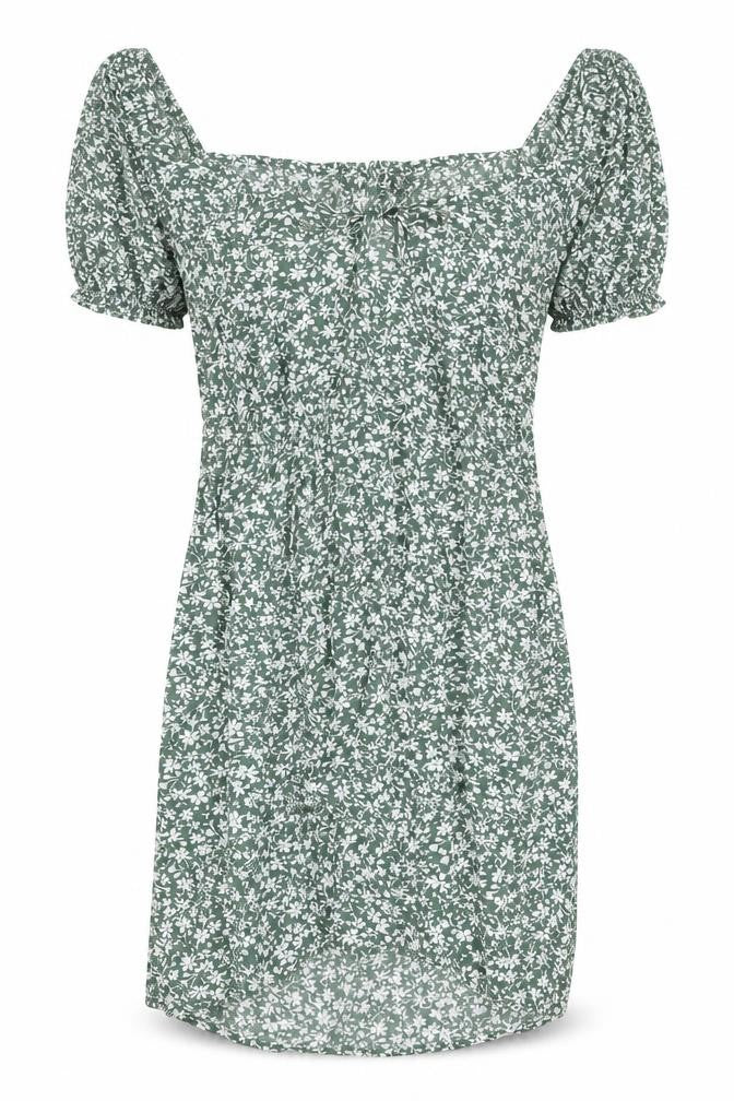 Front view of SHEIN women’s green floral polyester a-line, size M, boat neck zip