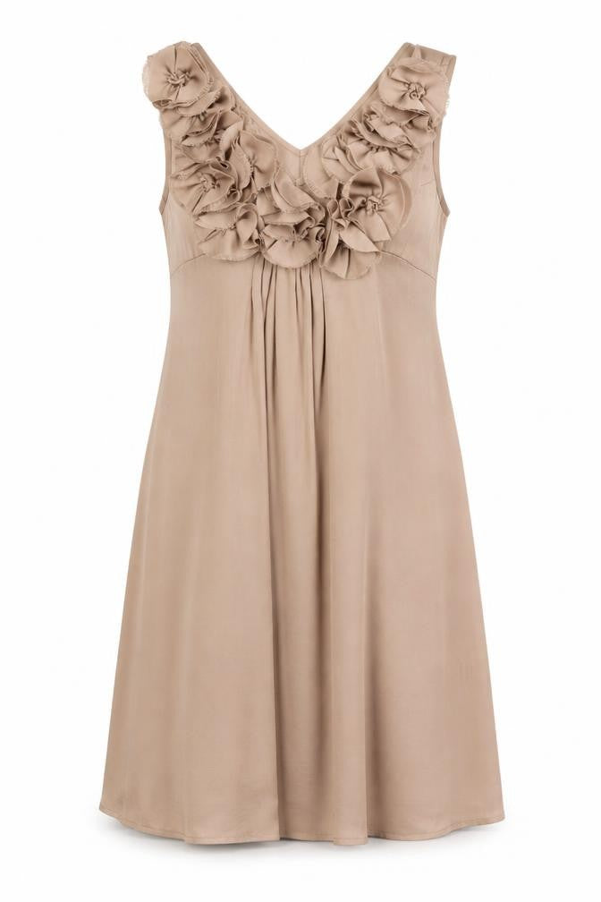 Front view of H&M women’s beige polyester a-line, size UK 8, v-neck zip