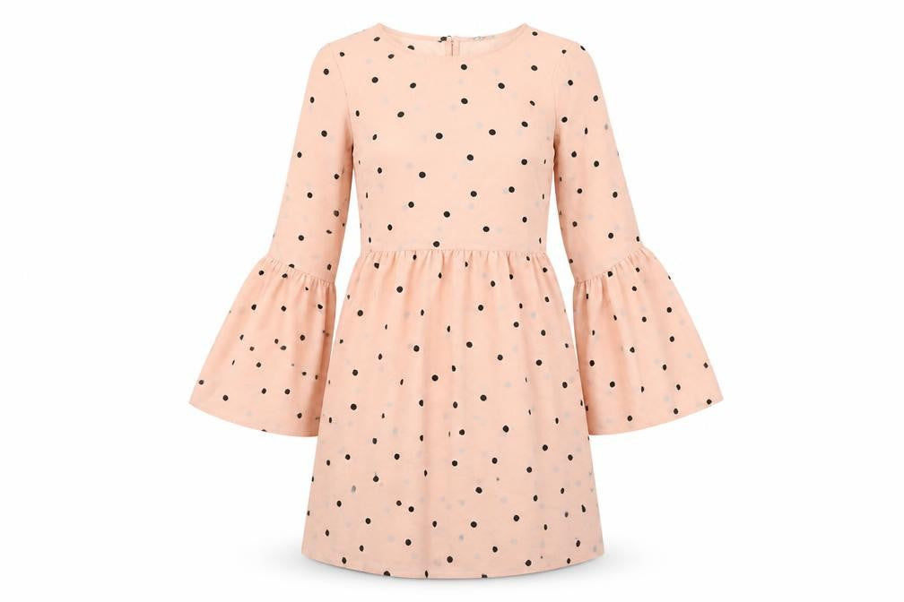 Front view of ASOS women’s pink polka dot polyester a-line, size UK 8, round neck button